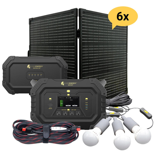 Lion Energy Safari solar generator kit with XP expansion, solar panels and emergency lighting
